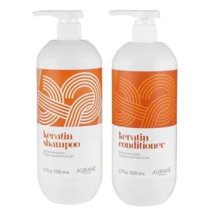 Keratin shampoo and conditioner set for deep hydration and repair, promoting silky smooth and healthy-looking hair.