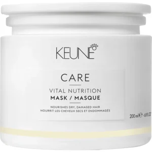 A bottle of Keune Care Vital Nutrition Mask, a deep moisturizing treatment made in the Netherlands for fine, dry, and damaged hair.
