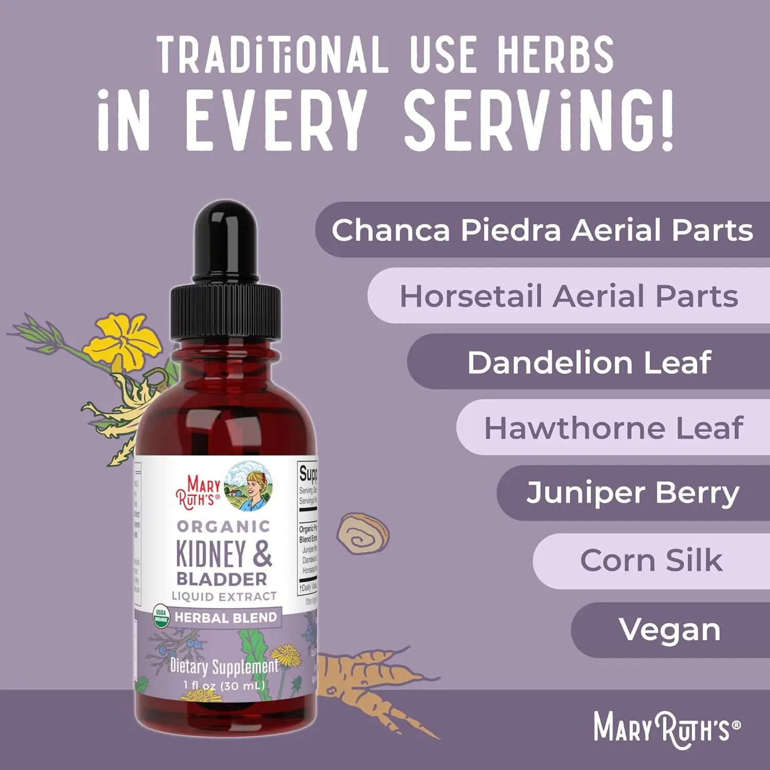 MaryRuth Organics kidney support drops promotes renal and urinary health with a vegan, non-GMO herbal blend.