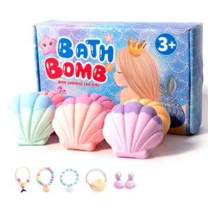 Shell shaped kids bath bombs with surprise jewelry toys inside create colorful bubbles and fragrance, enriched with essential oils and shea butter for moisturizing and a fun bath experience.