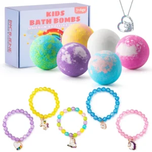 Six colorful kids bath bombs with surprise unicorn jewelry inside, perfect organic gifts for girls birthdays and Christmas.