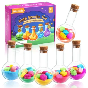 Six colorful bath bombs with bath color tablets, allowing kids to create their own magical potion in the tub for a fun and exciting bath time experience.