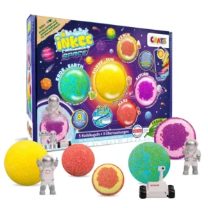 A colorful bath bomb for kids with a surprise toy inside, is vegan, dermatologist approved, and perfect for making bath time fun.