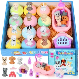 Colorful set of 12 kids bath bombs with surprise dog toys inside, perfect for a fun and fizzy bubble bath experience and makes a great birthday or Christmas gift.