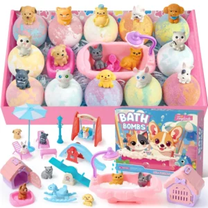 Twelve colorful bath bombs for kids, each with a surprise puppy or cat toy inside, perfect for a fun and fizzy bath time.