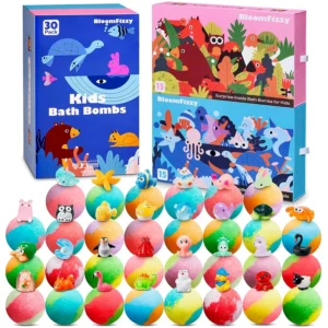 This 30 pack of BloomFizzy bath bombs for kids features fun, fizzing bath bombs with surprise animal toys inside, made with natural ingredients for a safe and educational bathtime experience.