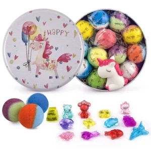 This bath bomb gift set for kids includes 12 handmade, natural and organic bath bombs with surprise crystal toys inside, offering a fun and fizzy bath experience.