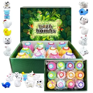 This colorful set of twelve kids bath bombs each contains a surprise pet toy inside, creating a fun and relaxing bubble bath experience with essential oils and moisturizing Shea butter that is gentle for children's skin.