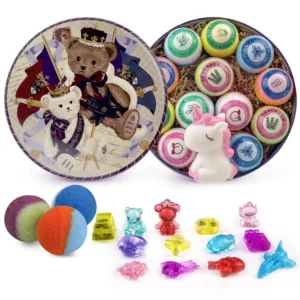 This set of 12 natural and organic bath bombs for kids includes a surprise crystal toy inside each one, offering vibrant colors, rich bubbles, and multiple scents for a fun and relaxing bath time experience.