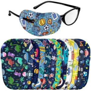 Twelve colorful eye patches for children's glasses with assorted fun patterns like dinosaurs and soccer balls, suitable for covering either the left or right eye.