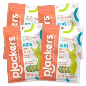 Plackers dual grip kids floss picks clean more tooth surface and strengthen enamel with fluoride, featuring a tasty fruit smoothie flavor and dual grip handle for easy use and storage.