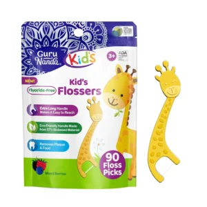 GuruNanda kids dental floss picks feature a fun giraffe shape, an anti-slip handle, mixed berry flavor, and are made with biobased material for eco-friendly flossing.