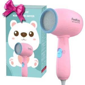 Pink FeeKaa kids hair dryer with gentle heat, lightweight design, and safety features like anti-scald protection.