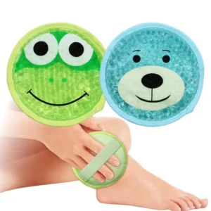 Two cute cartoon gel ice packs provide safe, non-toxic hot or cold therapy for kids' injuries, fever, pain relief, and first aid.