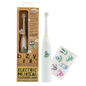 Jack N' Jill Buzzy Brush is a battery-operated, vibrating and musical electric toothbrush for kids with a small rotating head, easy grip handle and three mode LED light.