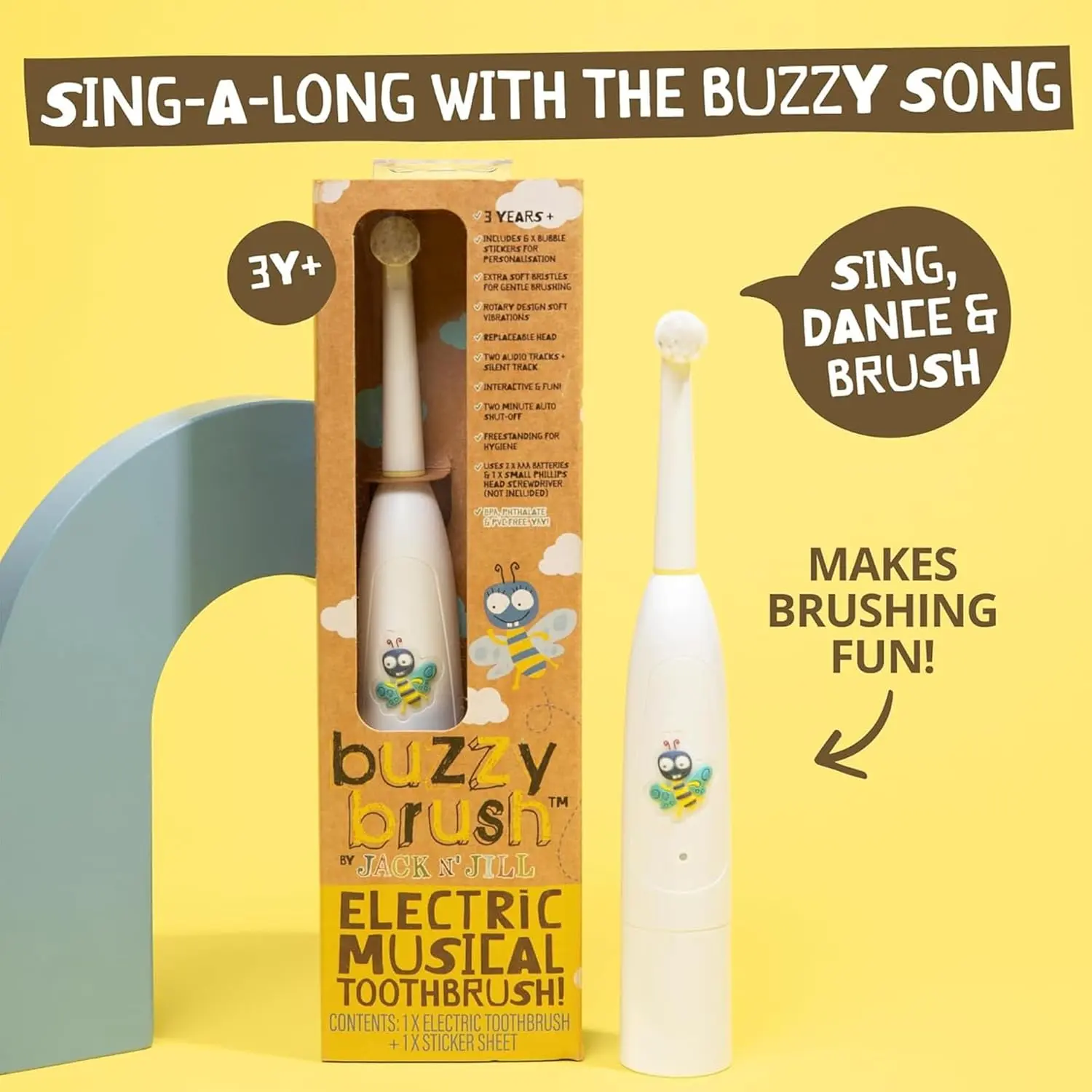 Jack N' Jill Buzzy Brush is a battery-operated, vibrating and musical electric toothbrush for kids with a small rotating head, easy grip handle and three mode LED light.