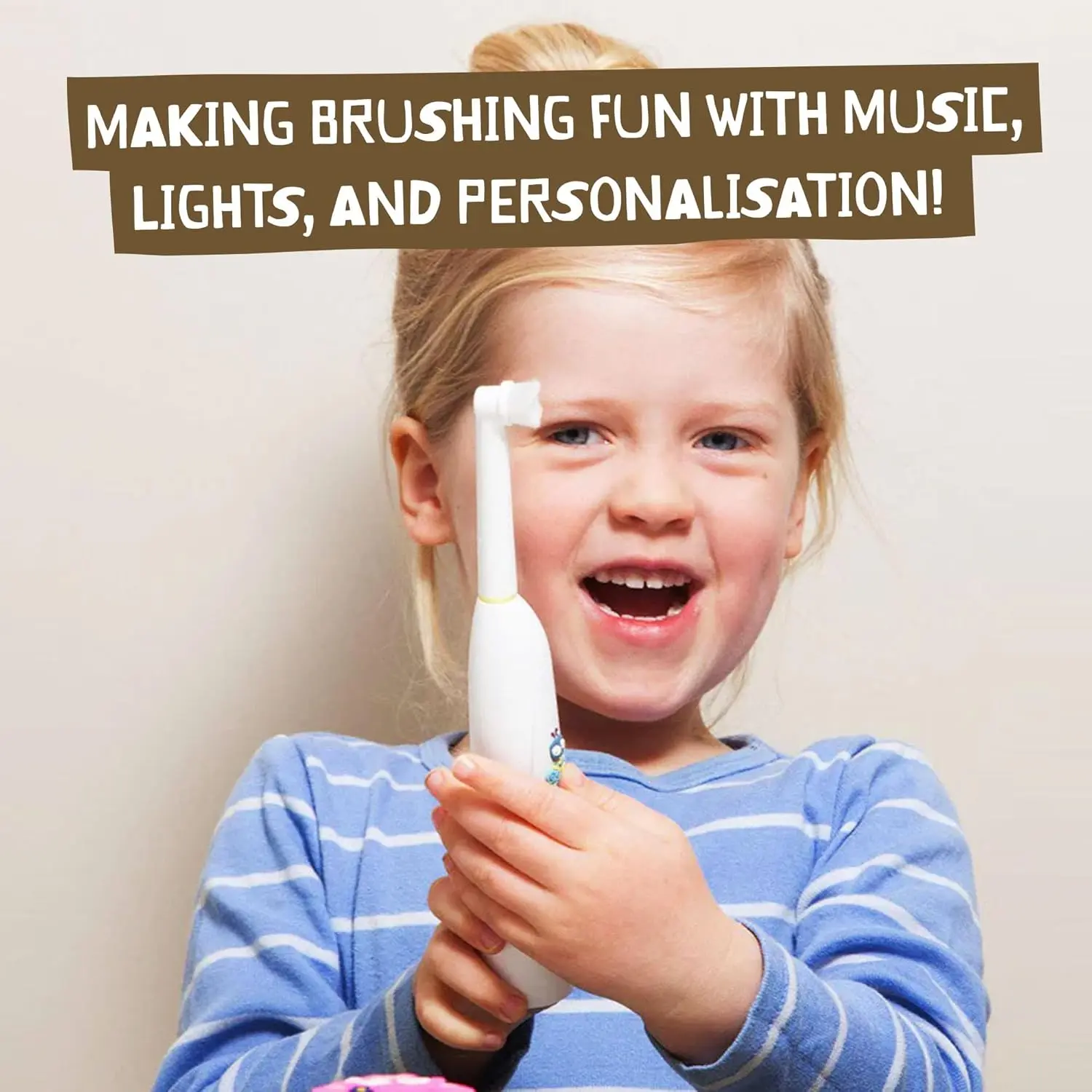 Jack N' Jill Buzzy Brush is a battery-operated, vibrating and musical electric toothbrush for kids with a small rotating head, easy grip handle and three mode LED light.