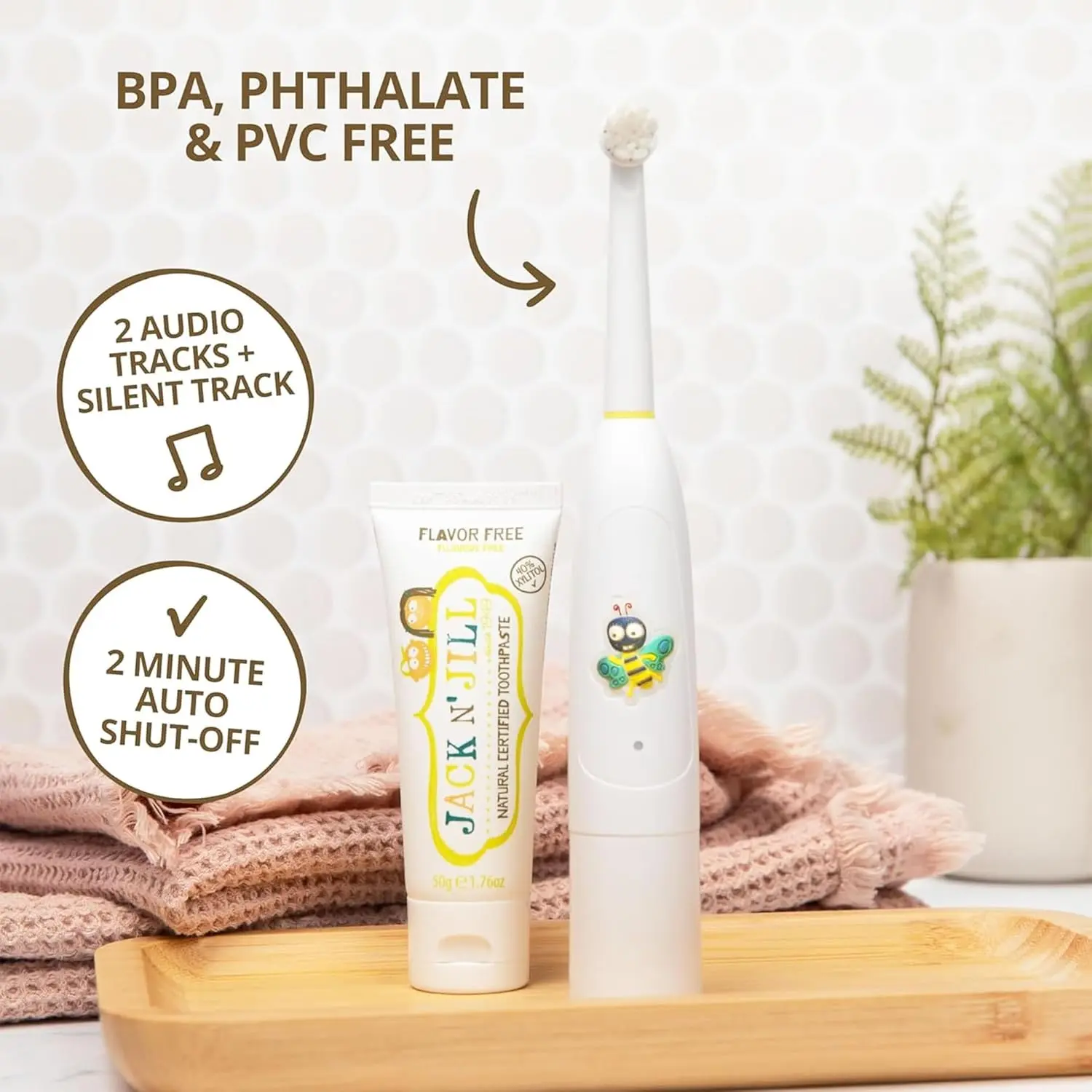 Jack N' Jill Buzzy Brush is a battery-operated, vibrating and musical electric toothbrush for kids with a small rotating head, easy grip handle and three mode LED light.