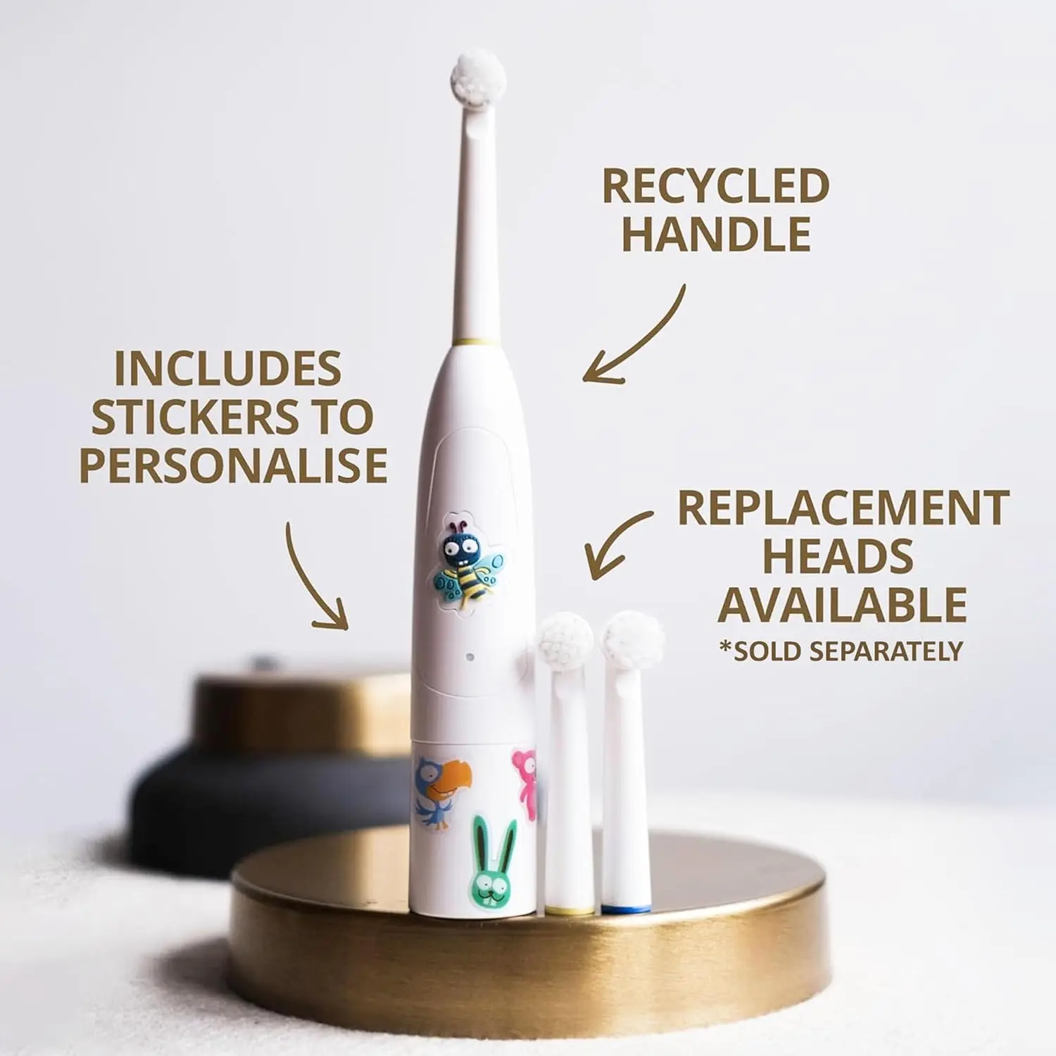 Jack N' Jill Buzzy Brush is a battery-operated, vibrating and musical electric toothbrush for kids with a small rotating head, easy grip handle and three mode LED light.