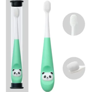 This green, extra soft nano toothbrush for kids ages 1-3 features over 10,000 ultra-soft bristles for 360° cleaning and gentle gum massage, designed with a small brush head and panda pattern to make brushing fun.