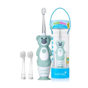 The brush-baby WildOnes Koala rechargeable electric toothbrush for kids features flashing lights, a 2-minute timer, a waterproof design safe for bath or shower, and includes three brush heads for long-lasting value.