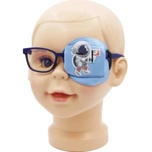 Blue astronaut Astropic silk eye patch designed for a child's left eye, featuring a 3D contoured design, suitable for kids wearing glasses, and made from breathable, hypoallergenic mulberry silk.