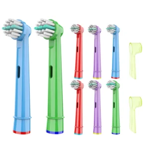 Eight colorful replacement toothbrush heads for kids with soft bristles and two protective covers, designed for ages 3 and up.