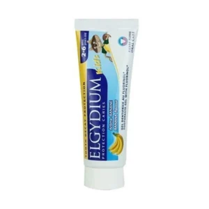 Elgydium Kids banana flavored toothpaste with fluoride for cavity protection, specially formulated for children aged 2 to 6 years old.