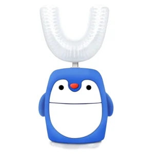 A blue U-shaped electric toothbrush for kids with an automatic timer and cute cartoon design to make brushing fun.
