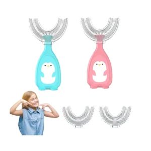 This kids U-shaped toothbrush with soft silicone bristles gently and effectively cleans teeth, designed for ages 2-8, and includes replaceable brush heads.