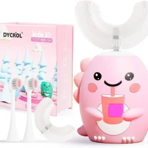 Pink dinosaur kids electric toothbrush with U-shaped brush head and five cleaning modes for sensitive teeth and gums.