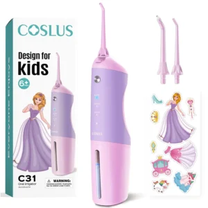 COSLUS kids water flosser with four modes for ages 6+, featuring standard and orthodontic jet tips for daily gum line and orthodontic braces clean, waterproof and rechargeable.