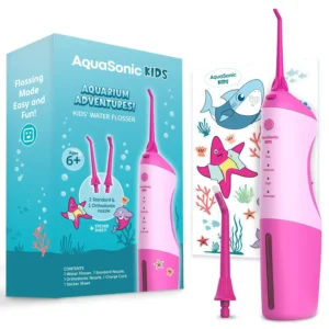 The AquaSonic kids water flosser in pink, designed for children ages 6 and up, featuring a sticker sheet with cute aquarium characters for customization and two interchangeable nozzles for standard or orthodontic use.