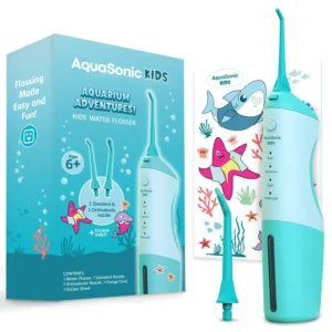 AquaSonic kids water flosser with a fun aquarium theme, designed for children ages six and up, includes standard and orthodontic nozzles, waterproof stickers, and multiple flossing modes.