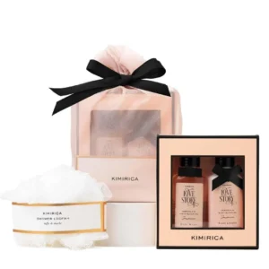Kimirica "Nothing But Love" gift set featuring Love Story bath duo, reusable potli, and loofah for a luxurious at-home spa experience with gardenia and jasmine fragrance.