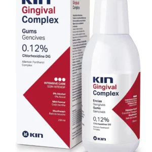 A bottle of Kin Gingival Mouthwash provides a pleasant-tasting, alcohol-free solution for oral hygiene, ready to use without dilution.