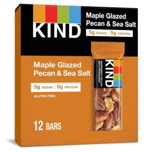 A box of KIND Maple Glazed Pecan & Sea Salt bars, a gluten-free and low sugar snack food bar.