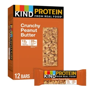Twelve KIND Crunchy Peanut Butter Protein Bars offering 12 grams of plant protein per bar, are gluten-free, and provide a nutritious on-the-go snack.