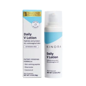 Kindra Daily V Moisturizer Lotion provides relief from dryness and discomfort, formulated with hyaluronic acid, coconut oil, and shea butter to hydrate and support the skin barrier.