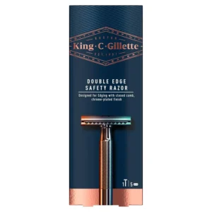 The King C. Gillette double edge safety razor features a chrome-plated handle and provides a close, precise shave for shaping sideburns and beard lines with long-lasting, platinum-coated blades.