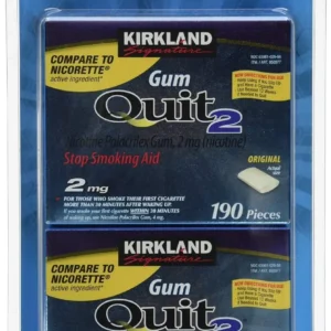 A box of Kirkland Signature Quit Smoke Gum with 2mg of nicotine in original flavor to help you quit smoking.
