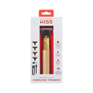 This cordless hair trimmer features a stainless steel T-blade for precise outlining and detailing, complete with blade guards, cleaning brush, and USB charging cable.