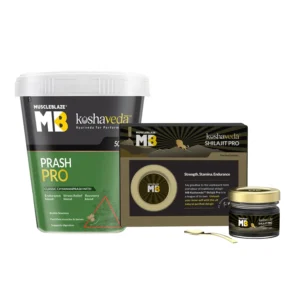 Koshaveda Shilajit Pro resin and Prash Pro by MuscleBlaze are Ayurvedic supplements that support strength, stamina, endurance, and overall wellness.