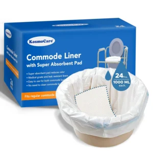 KosmoCare disposable commode liners with super absorbent pads provide a hygienic and convenient solution for bedside commodes, eliminating mess and odors with easy disposal.