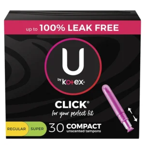 U by Kotex Click compact tampons multipack with regular and super absorbency, offering discreet and powerful period protection.