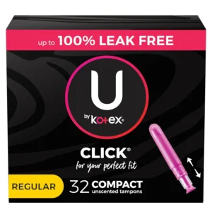 U by Kotex Click compact regular absorbency tampons provide comfortable, leak-free Xpress-DRI protection and are made without fragrance.