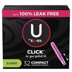 U by Kotex Click super absorbency compact tampons in vibrant, fashionable wrappers provide comfortable, leak-free Xpress-DRI protection.