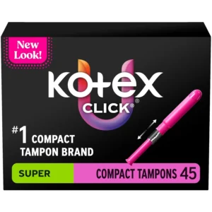 This is a 45-count package of U by Kotex Click compact tampons with super absorbency and Xpress-DRI protection, individually wrapped in colorful patterns and unscented.