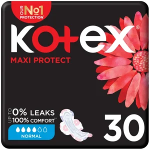 Kotex Maxi Protect sanitary pads with wings provide comfortable and reliable protection for light to medium flow, featuring an absorbent core and a soft, gentle top cover.