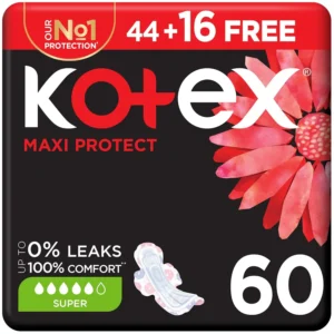 Kotex Maxi Thick sanitary pads with wings provide super absorbency and comfortable protection during heavy flow days and nights.